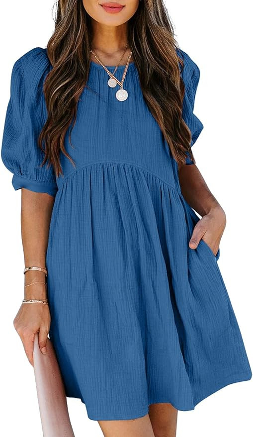 Dokotoo Womens 2025 Spring Summer Crewneck Puff Sleeve Babydoll Elegant Empire Waist Mini Swing S... | Amazon (US)