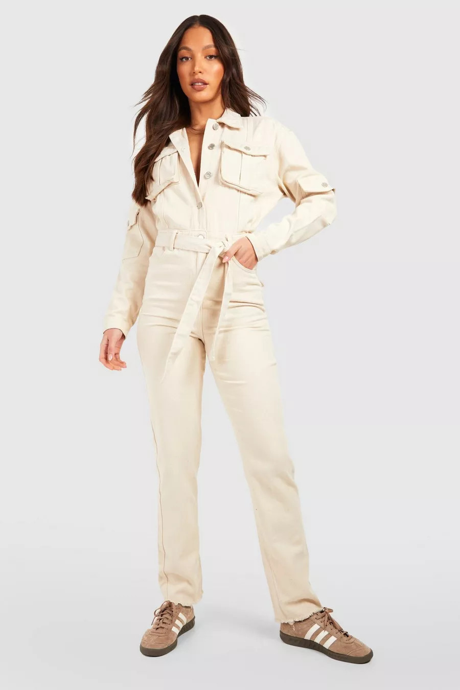 Tall Belted Tapered Cargo Denim Boilersuit | Boohoo.com (NL)
