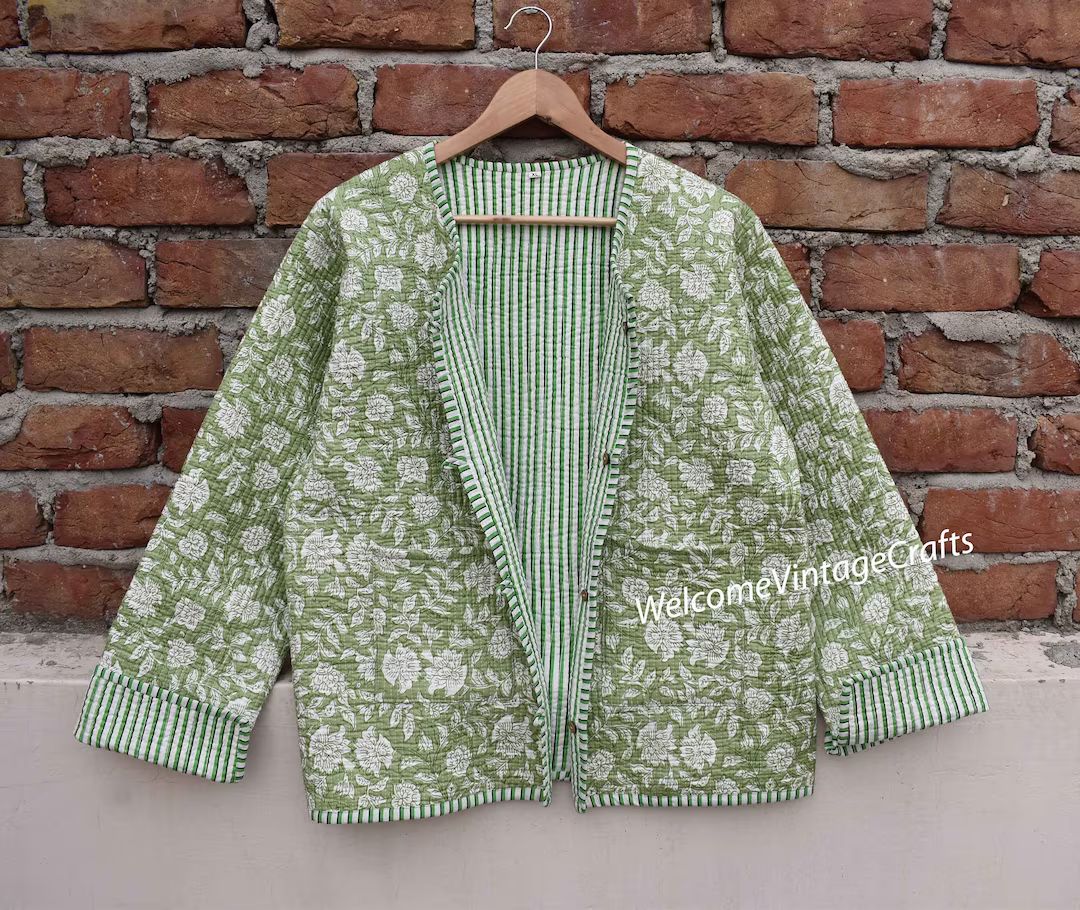 Cotton Quilted Jacket Women Wear Front Open Kimono Stripe Piping Handmade Vintage Quilted Jacket ... | Etsy (US)