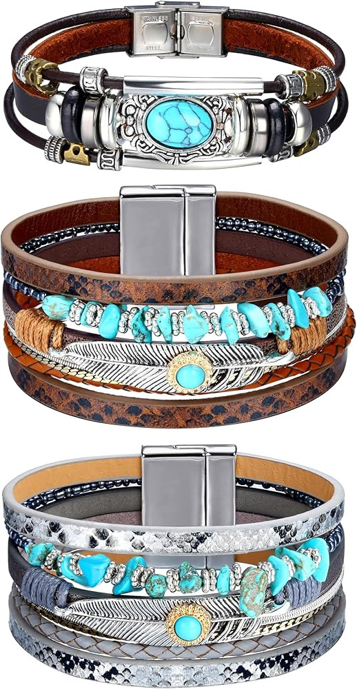 Sanfenly Leather Wrap Bracelets for Women,Boho Wrap Bracelets Leather Cuff Bangle Beads Bracelets... | Amazon (US)