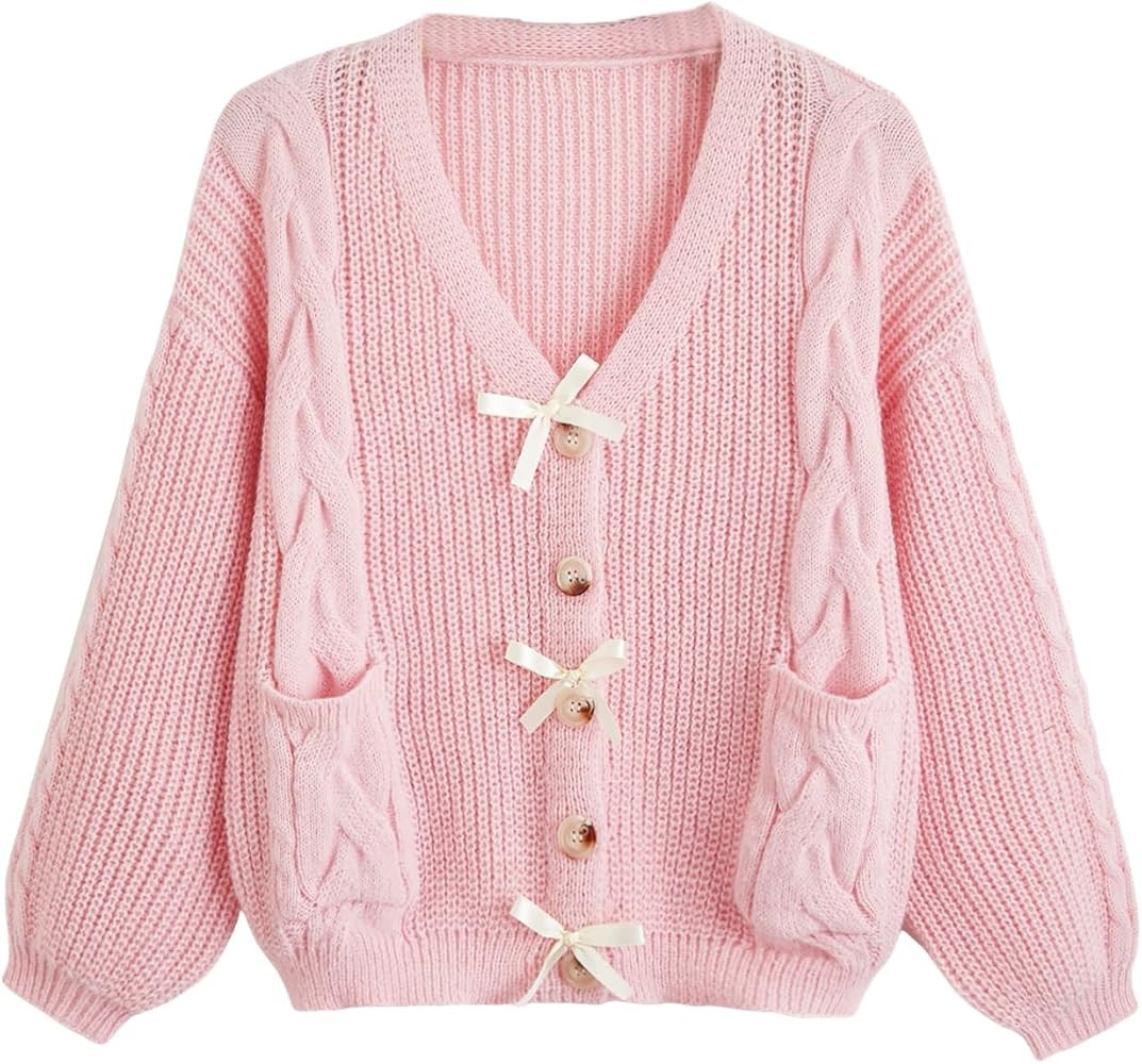 Verdusa Women's Bow Knot Drop Shoulder Bishop Sleeve V Neck Knit Cardigan Sweater | Amazon (US)