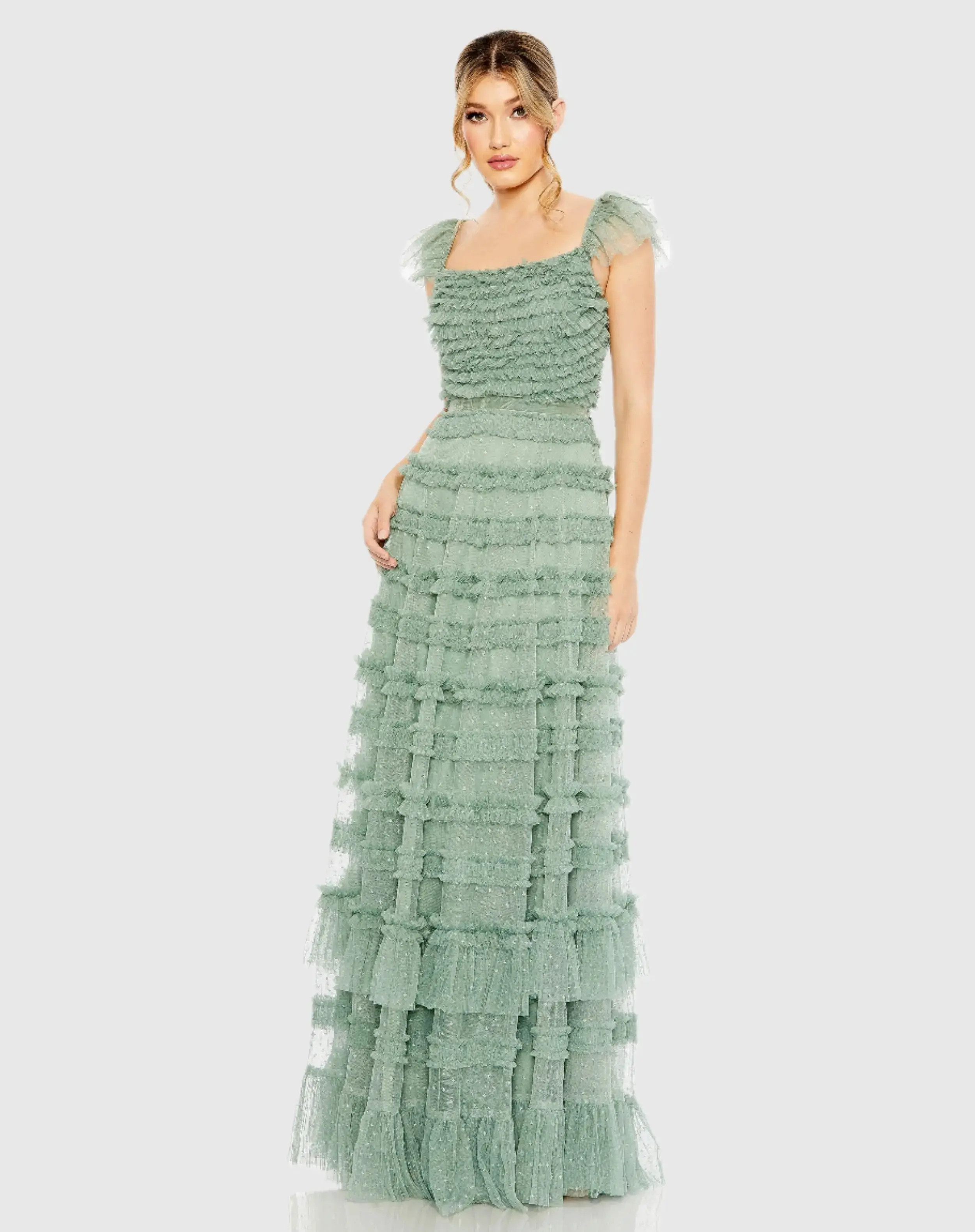 Mac Duggal - Green Ruffle Cap Sleeve Tiered Ruffle Gown - US 4 | Mac Duggal