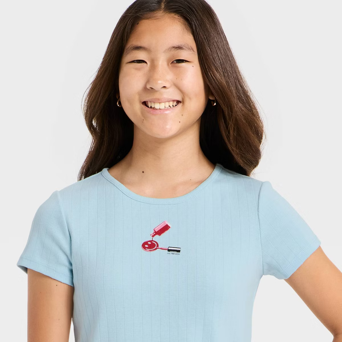 Girls' Nail Polish Smiley Face Graphic Pointelle T-Shirt - art class™ Blue L | Target