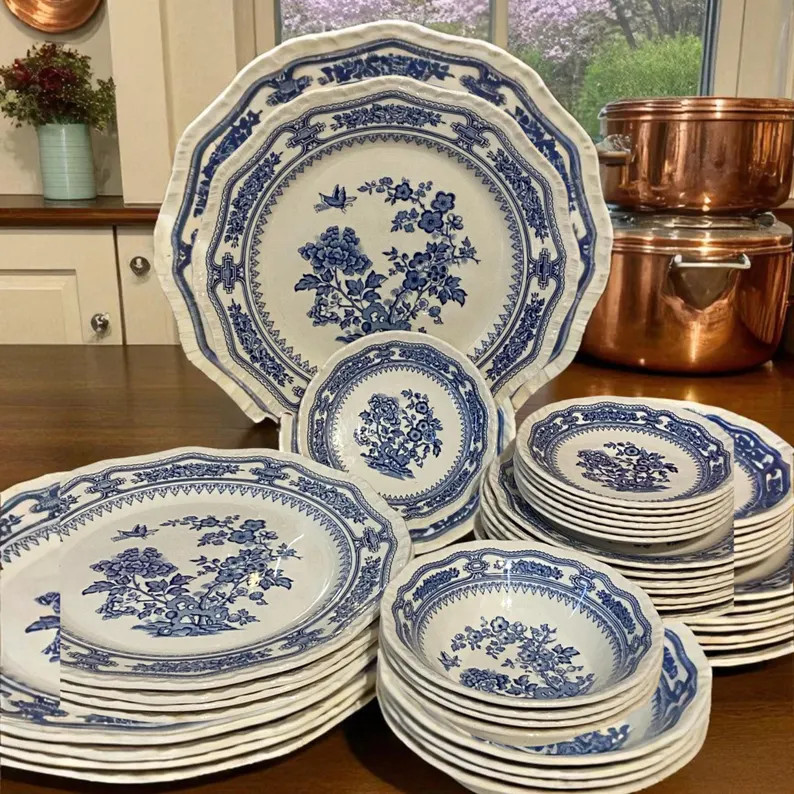 Antique Ironstone Masons Flow Blue White Manchu Pattern, Choose From 10.75" Dinner Plate, 7.75" S... | Etsy (US)