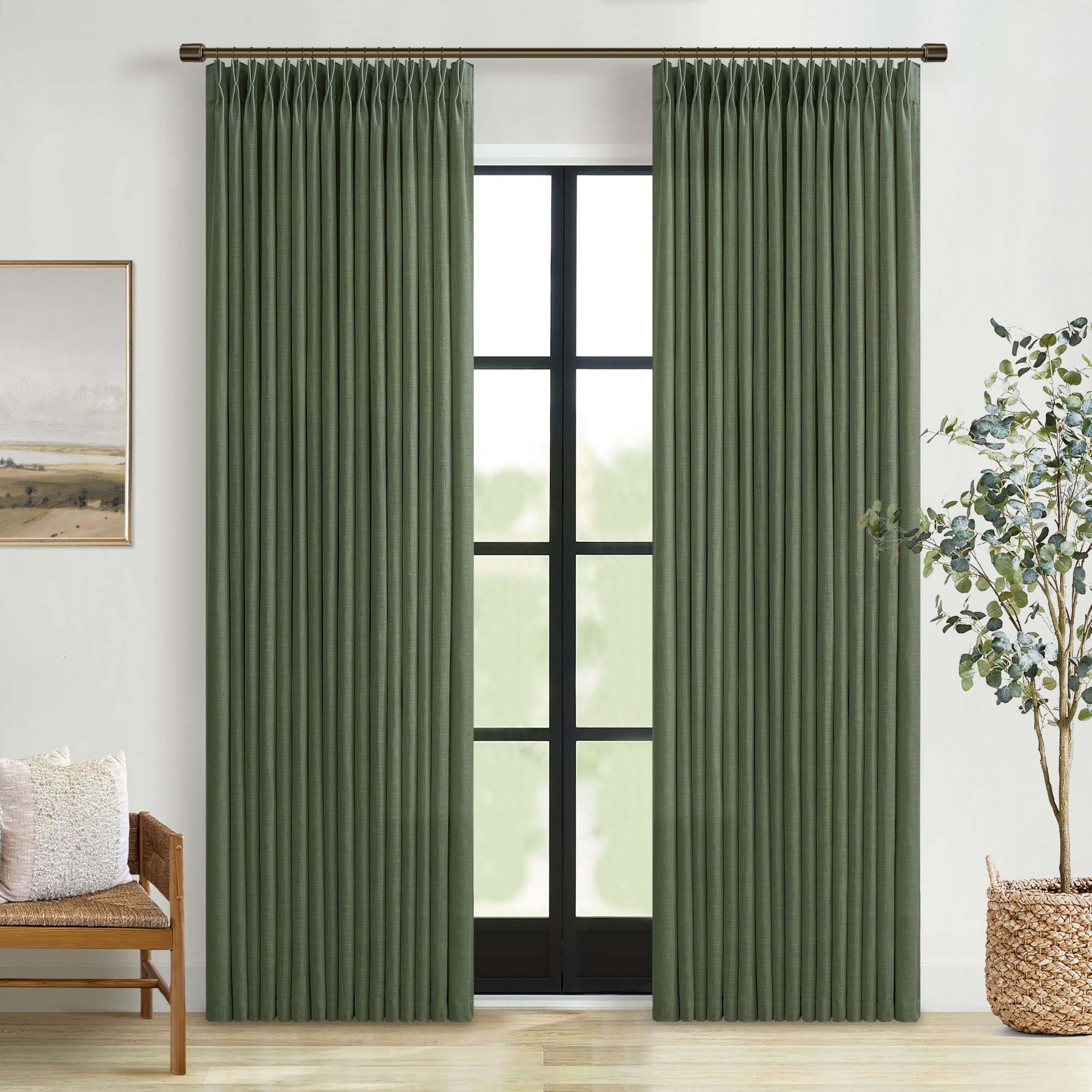 Pinch Pleated Olive Green Linen Curtains 84 Inches Long 2 Panels Set for Living Room Bedroom Dini... | Amazon (US)