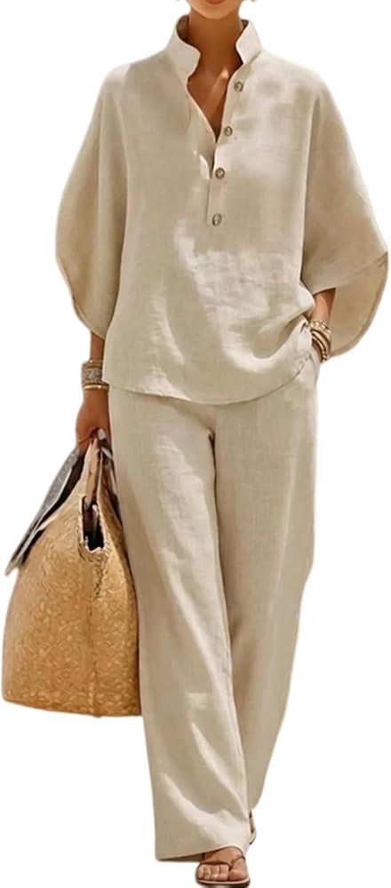 Linen Sets for Women 2 Piece Summer Outfits Batwing Sleeve V Neck Button Top Wide Leg Pants Match... | Amazon (US)