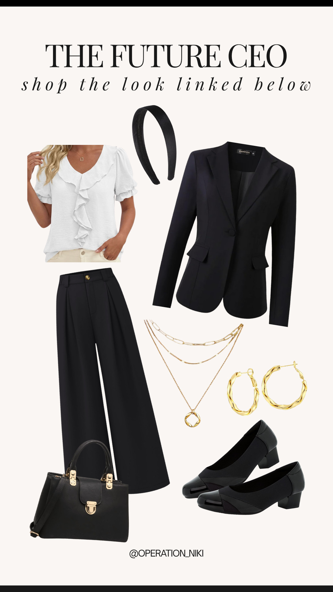 Dressing for success never felt so effortless! Every single piece in this professional look is sourced directly from Amazon, making sophisticated workwear totally accessible and budget-friendly. ✨ This chic outfit brings together a tailored black blazer, a ruffle-front blouse, wide-leg trousers, classic low block heels, structured leather handbag, and elegant gold jewelry accents all delivered straight to your door from Amazon. Shop this complete Amazon workwear look linked below! 🛒 Follow for more @OPERATION_NIKI on IG, TikTok, & Facebook #AmazonFashion #AmazonWorkwear #WorkwearInspo #OperationNiki #OfficeStyle #CorporateStyle #OOTD #WorkwearStyle #ShoppingHaul

#LTKootd #LTKMidsize #LTKPlusSize