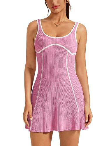 ABOCIW Womens Knit Tennis Dress with Mini Shorts Contrast Trim Backless Athletic Dress Sleeveless Summer Exercise Sports Active Workout Golf Dresses Pink X-Small | Amazon (US)