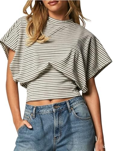 Verdusa Women's Cinched Waist Tops Striped Going Out Mock Neck Top Summer Crop Tees | Amazon (US)