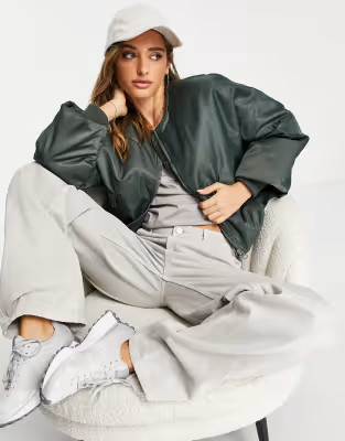 Topshop cropped collarless bomber jacket in dark green | ASOS (Global)