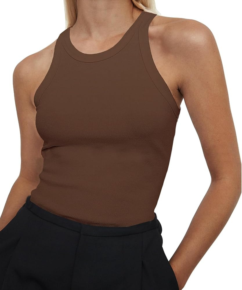 Artfish Women's Sleeveless Full Length Ribbed Fitted Racerback Workout Crew High Neck Basic Tank ... | Amazon (US)