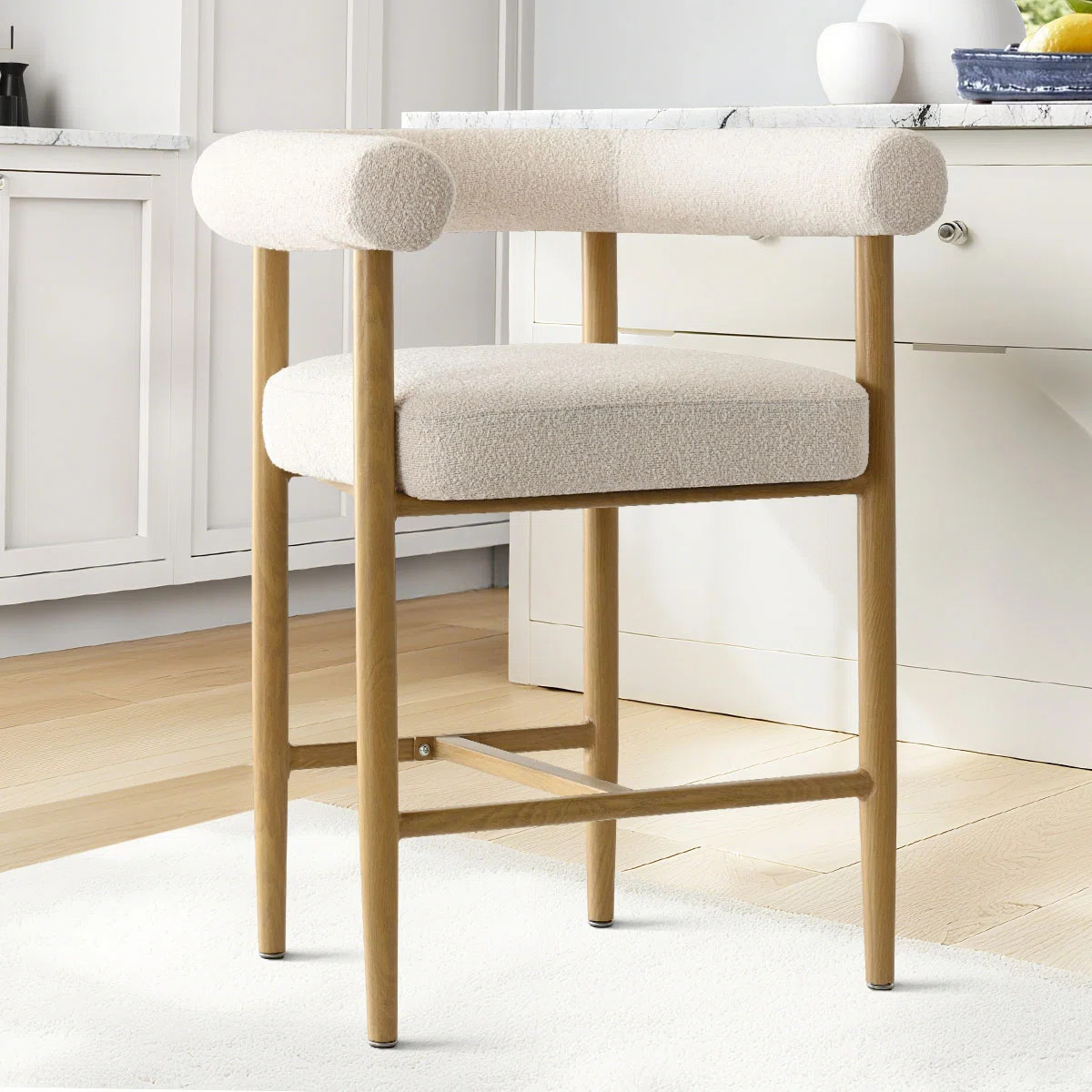 24" Beige Boucle Counter Stool with Arm | Wayfair North America