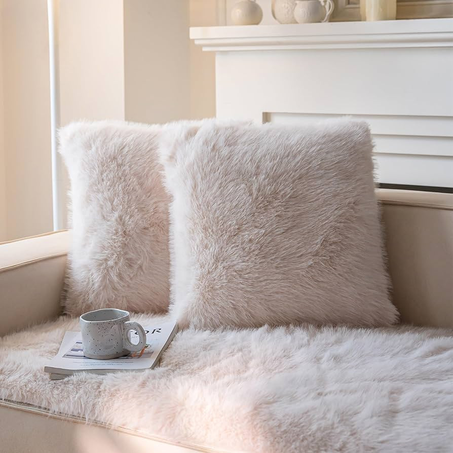 Neelvin Beige Faux Fur Cozy Fluffy Double-Sided Decorative Throw Pillow Covers 18x18 inch Set of ... | Amazon (US)