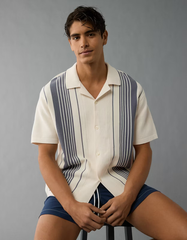 AE Weekend Striped Button-Up Sweater Polo Shirt | American Eagle Outfitters (US & CA)