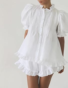 Women Ruffle 2 Piece Sets Fashion Puff Sleeve Button Down Shirts and Shorts Cotton Pajamas Sets | Amazon (US)