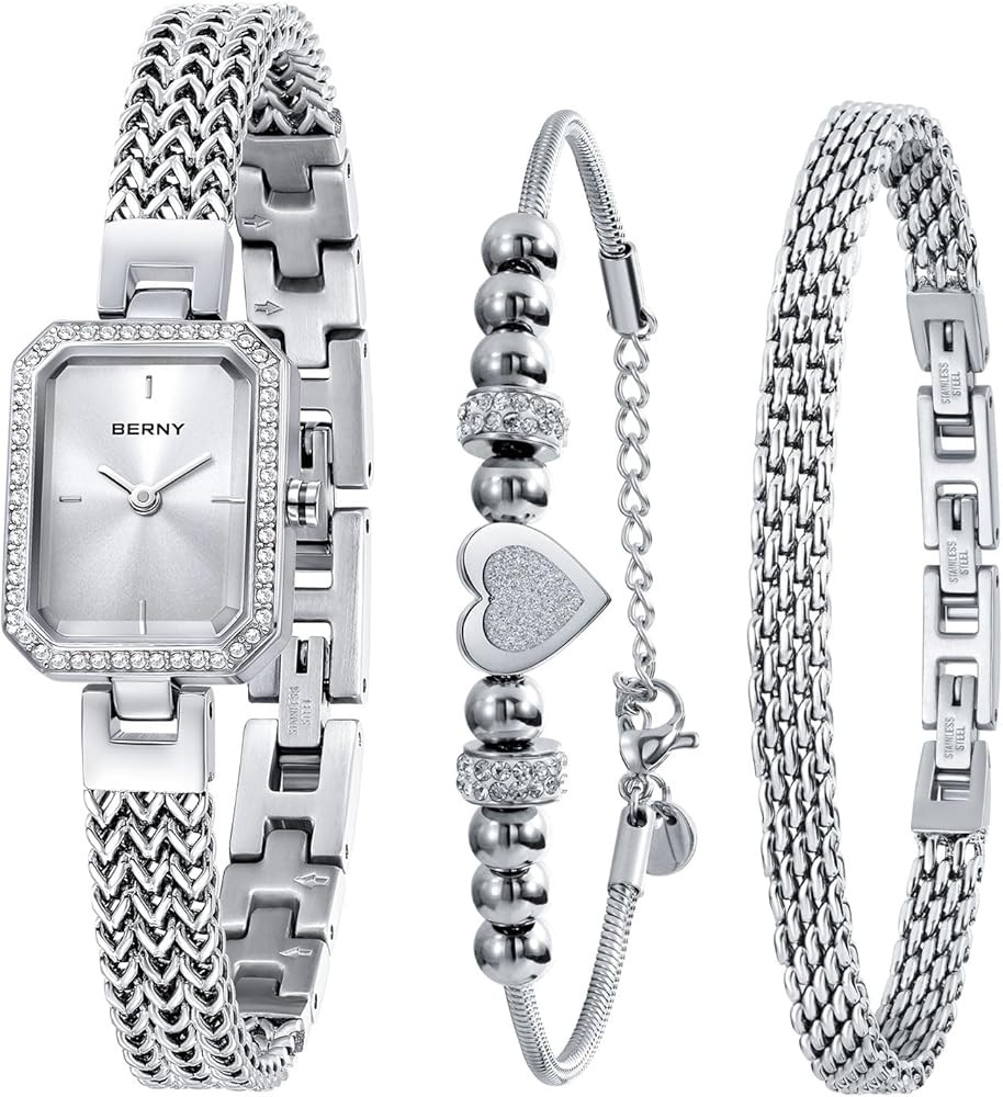 BERNY Silver Watches for Women Ladies Wrist Watch and Bracelet Set Dainty Quartz Bracelet Watch P... | Amazon (US)