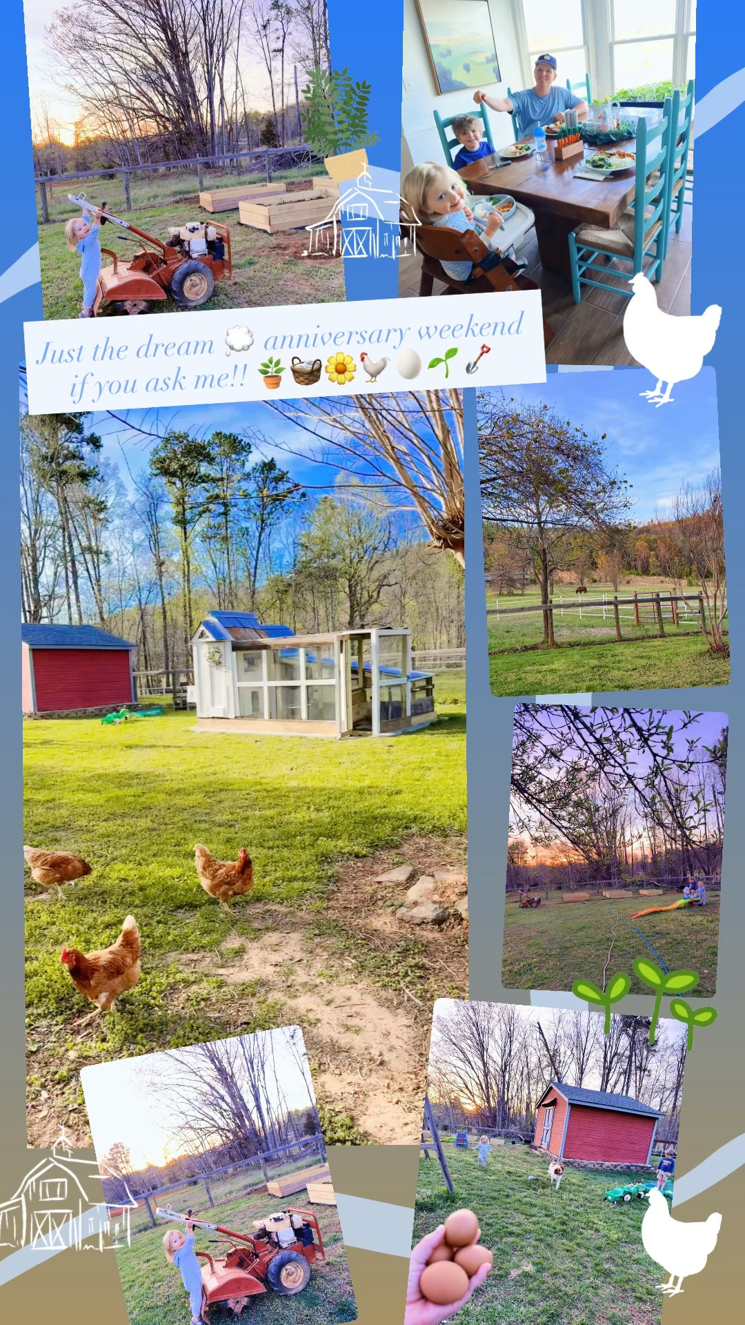 Just the dream 💭 anniversary weekend if you ask me!! 🪴🧺🌼🐓🥚🌱🪏