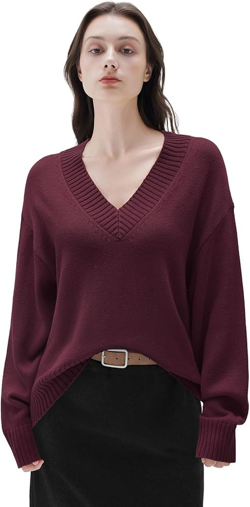 SUUKSESS Women Cashmere Oversized V Neck Pullover Sweaters Long Sleeve Jumpers | Amazon (US)