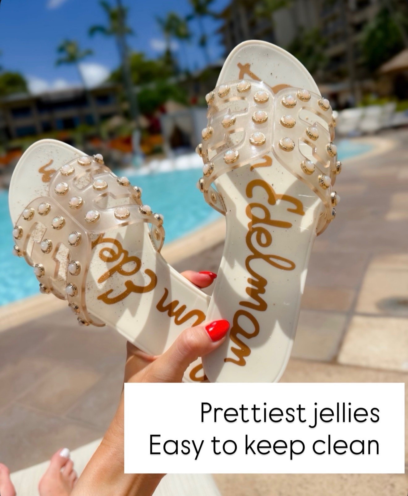 These jelly sandals are just as practical as they are cute. They’re easy to wipe clean after the pool or beach, surprisingly comfortable, and the pearl details make them feel so much more elevated than a basic sandal.

Jelly sandals, Summer sandals, Beach vacation, Poolside style, Pearl sandals, Vacation essentials, Resort wear, Waterproof sandals, Summer shoes, Sam Edelman, annabrstyle

#LTKTravel #LTKSeasonal #LTKootd
