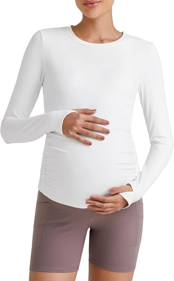 G4Free BareFeel Maternity Long Sleeve T Shirts Crewneck Ruches Pregnancy Workout Tops with Thumbh... | Amazon (US)