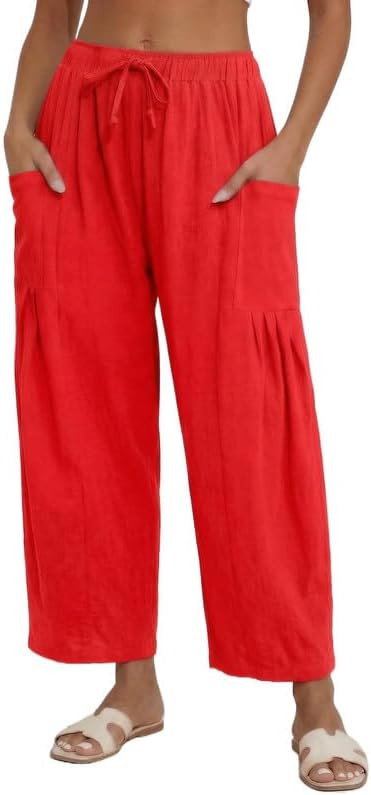 Marvmys Womens Linen Pants Trendy Loose Drawstring Palazzo Trousers Summer Travel Pants Red S at ... | Amazon (US)
