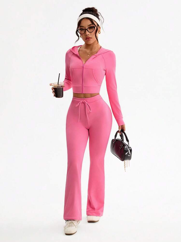 Sovereign Charm Women's Solid Color Zip Front Raglan Sleeve Hooded Jacket And Pants Sports Suit Tall Two Piece Set Pink Outfit Women Pink Sport Set Pink Activewear Set Pink 2 Piece Set | SHEIN