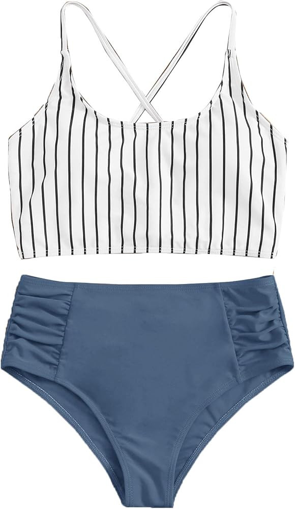 SweatyRocks Women's Bathing Suits Striped Criss Cross Bikini Set High Waisted Swimsuits | Amazon (US)
