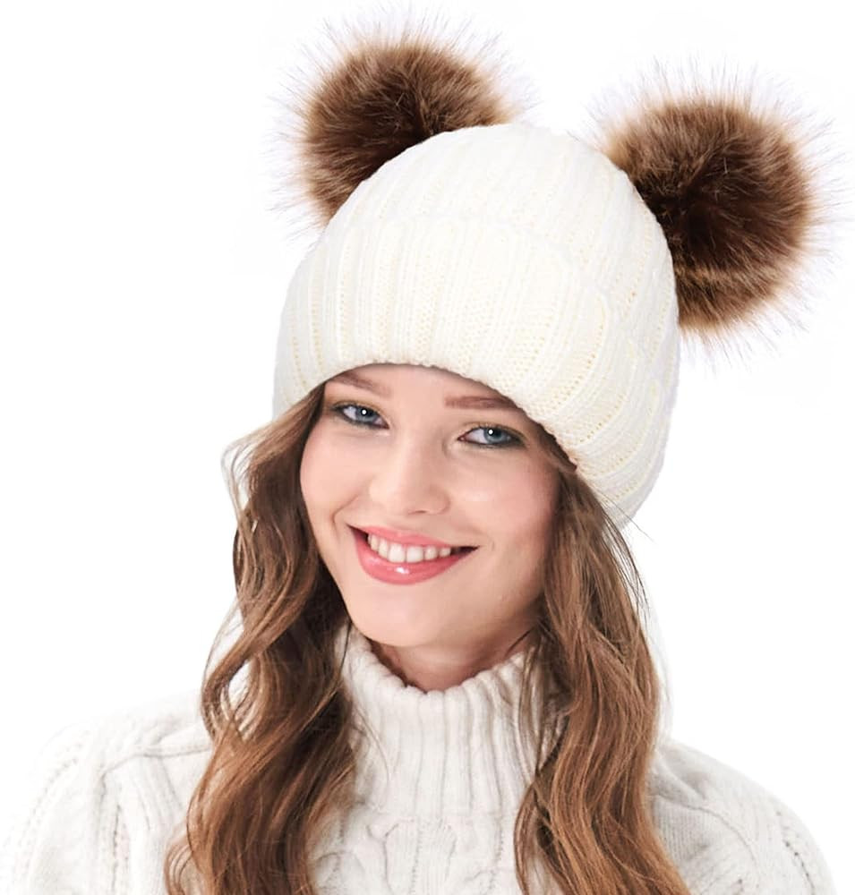 Arctic Paw Womens Winter Hat Cable Knit Beanie for Women Faux Fur Pompom Ears | Amazon (US)
