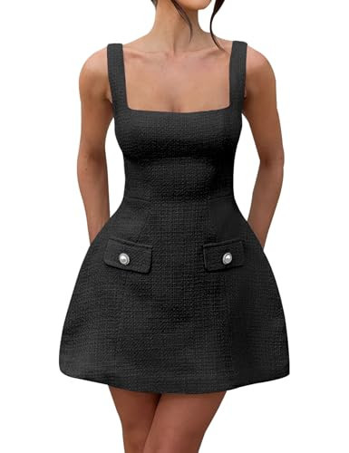 SHESEEWORLD Women's Sleeveless Tank Dress Square Neck Adjustable Straps Backless Mini Dress Black | Amazon (US)