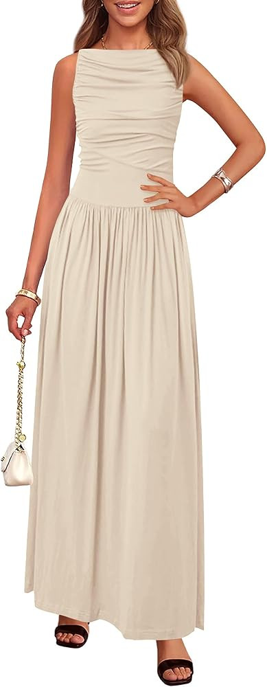 BTFBM Women 2025 Summer Sleeveless Ruched Maxi Dresses Boat Neck High Waist Wedding Guest Cocktai... | Amazon (US)