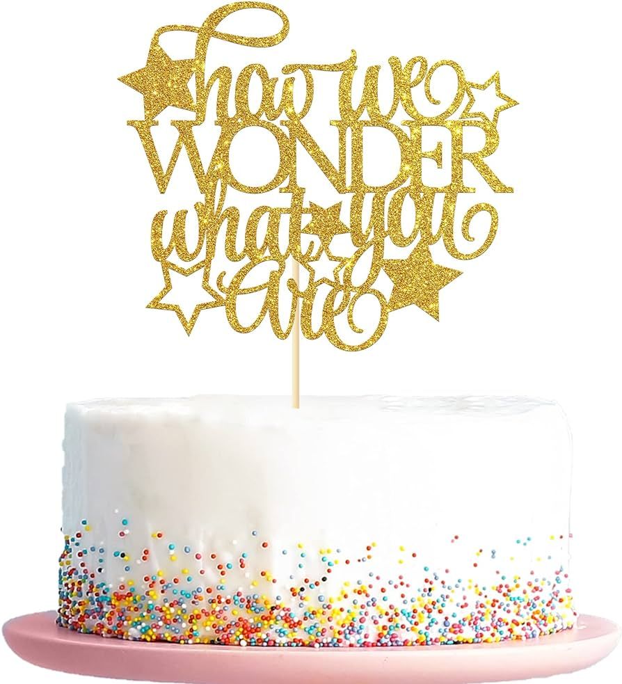 How We Wonder What You Are Cake Topper, Gold Glitter Cake Topper for Kids Birthday, Baby Shower/G... | Amazon (US)