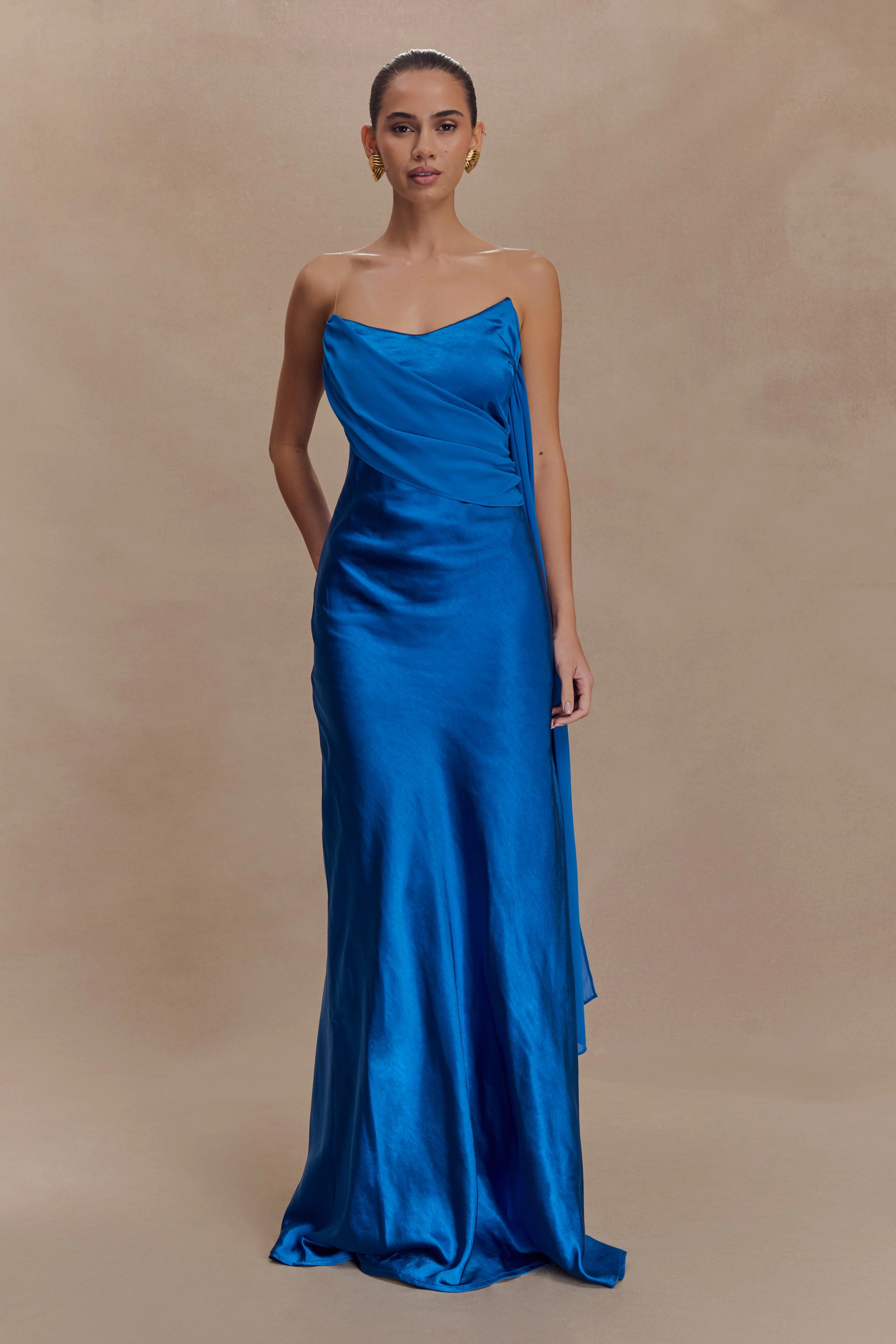 Carah Satin And Chiffon Maxi Dress - Cobalt | MESHKI US