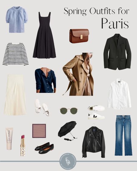 Spring outfit ideas for Paris. Mix and match these items to create different outfits depending on the weather. Expect rainy days and sun in Paris in the spring. Comfortable walking shoes are a must. A trench coat and leather jacket are great pieces to keep warm during cool nights and mornings. 

#LTKstyletip #LTKtravel #LTKover40
