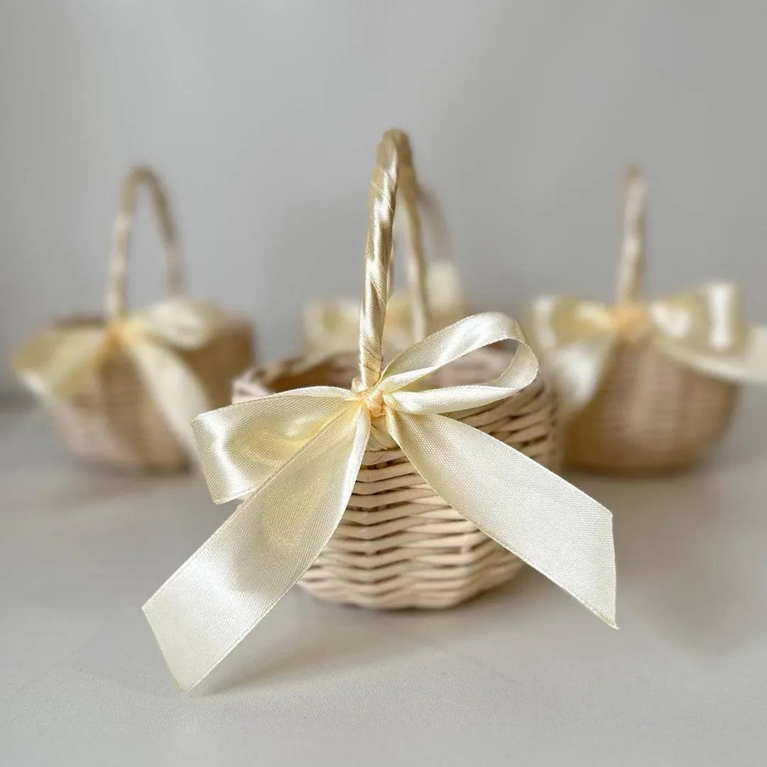 Ivory Tiny Wicker Flower Girl Basket: Ribbon Bow, Rustic Wedding Decor - Etsy | Etsy (US)