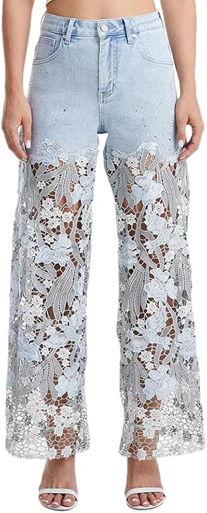Women’S High Waist Straight Jeans with Solid Loose Spliced Hollow Out and Wide Leg Pants | Amazon (US)