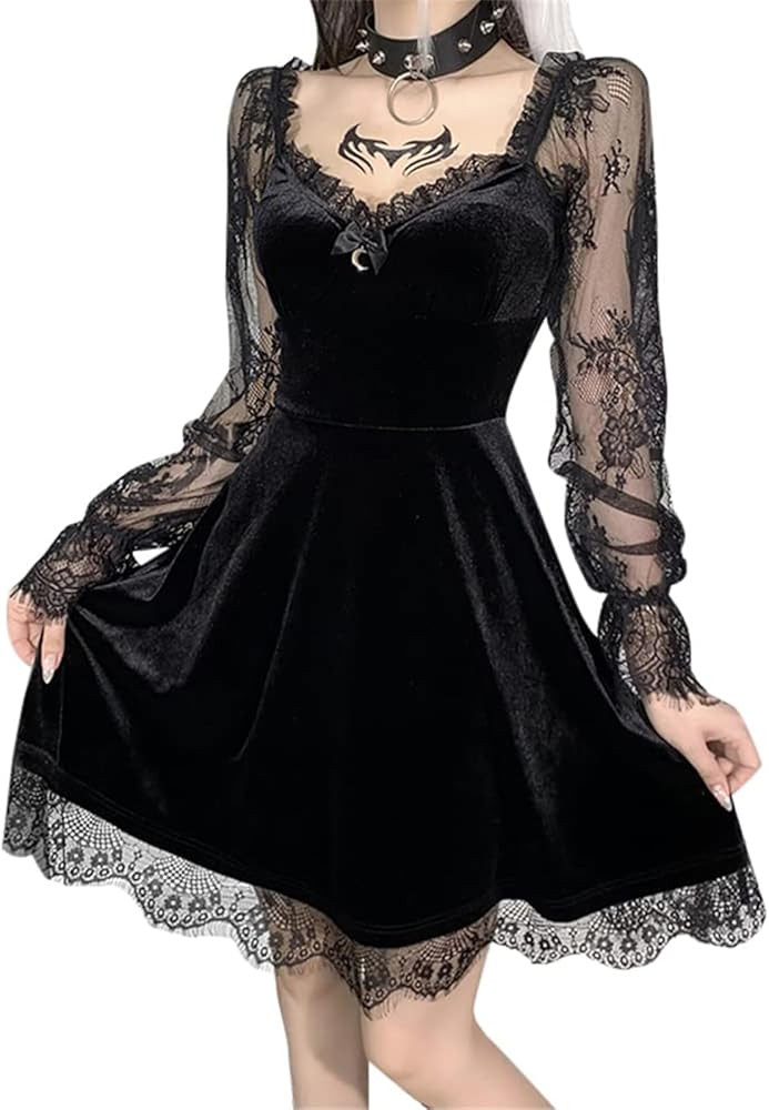 LVCBL Women Gothic Vintage Dress Lace Long Sleeve Dresses Halloween Goth Lolita Dress for Women | Amazon (US)