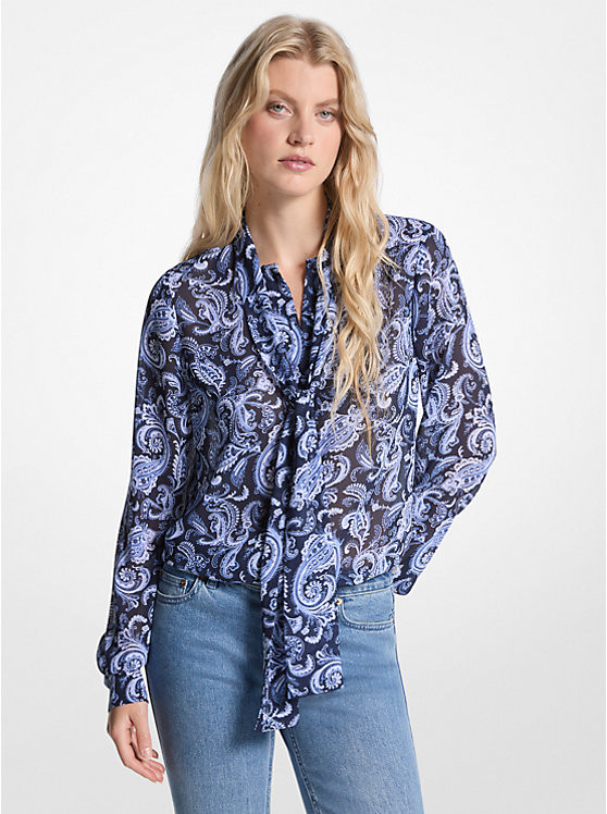 Paisley Print Georgette Tie-Neck Blouse | Michael Kors US