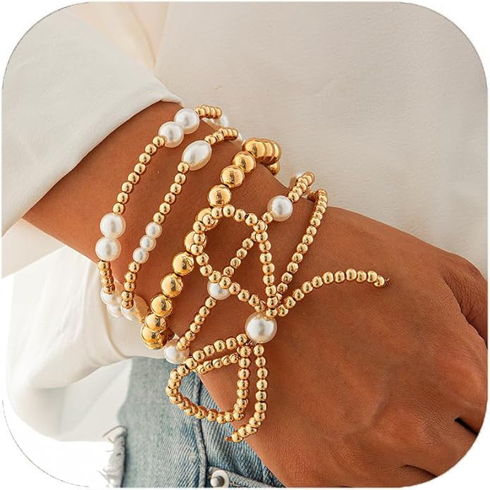 Gold Bow Bracelet for Women Gold Beaded Bracelets Stackable Stretch Bead Ball Bracelets Pearl Bra... | Amazon (US)