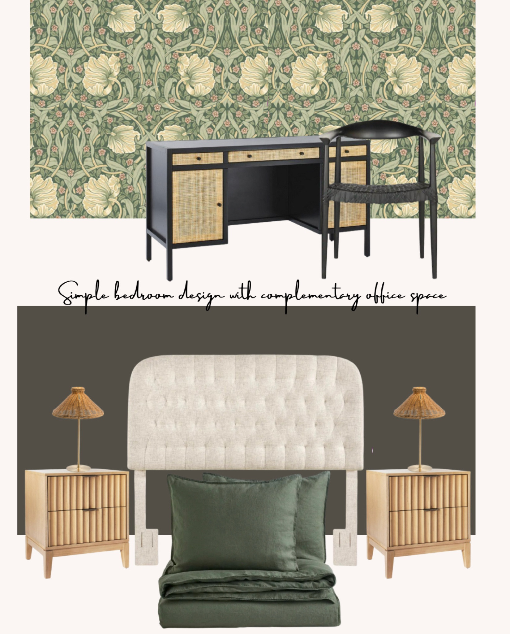 Moody bedroom mood board. Dark olive, floral wallpaper. Guest bedroom. Primary bedroom. Home Office. Affordable headboard. Desk. Wood Side tables. 

#LTKhome