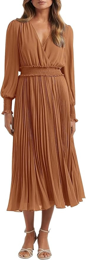 PRETTYGARDEN Womens Wrap V Neck Spring Dresses Wedding Guest Casual Pleated Long Sleeve Midi Dres... | Amazon (US)