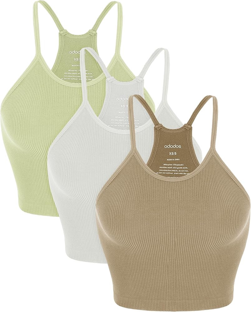 ODODOS Women's Crop 3-Pack Washed Seamless Rib-Knit Camisole Crop Tank Tops | Amazon (US)