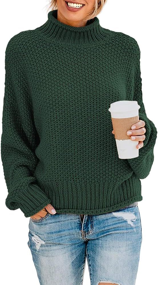 BLENCOT Womens Turtleneck Pullover Sweaters Batwing Long Sleeve Loose Chunky Knitted Jumpers Tops | Amazon (US)