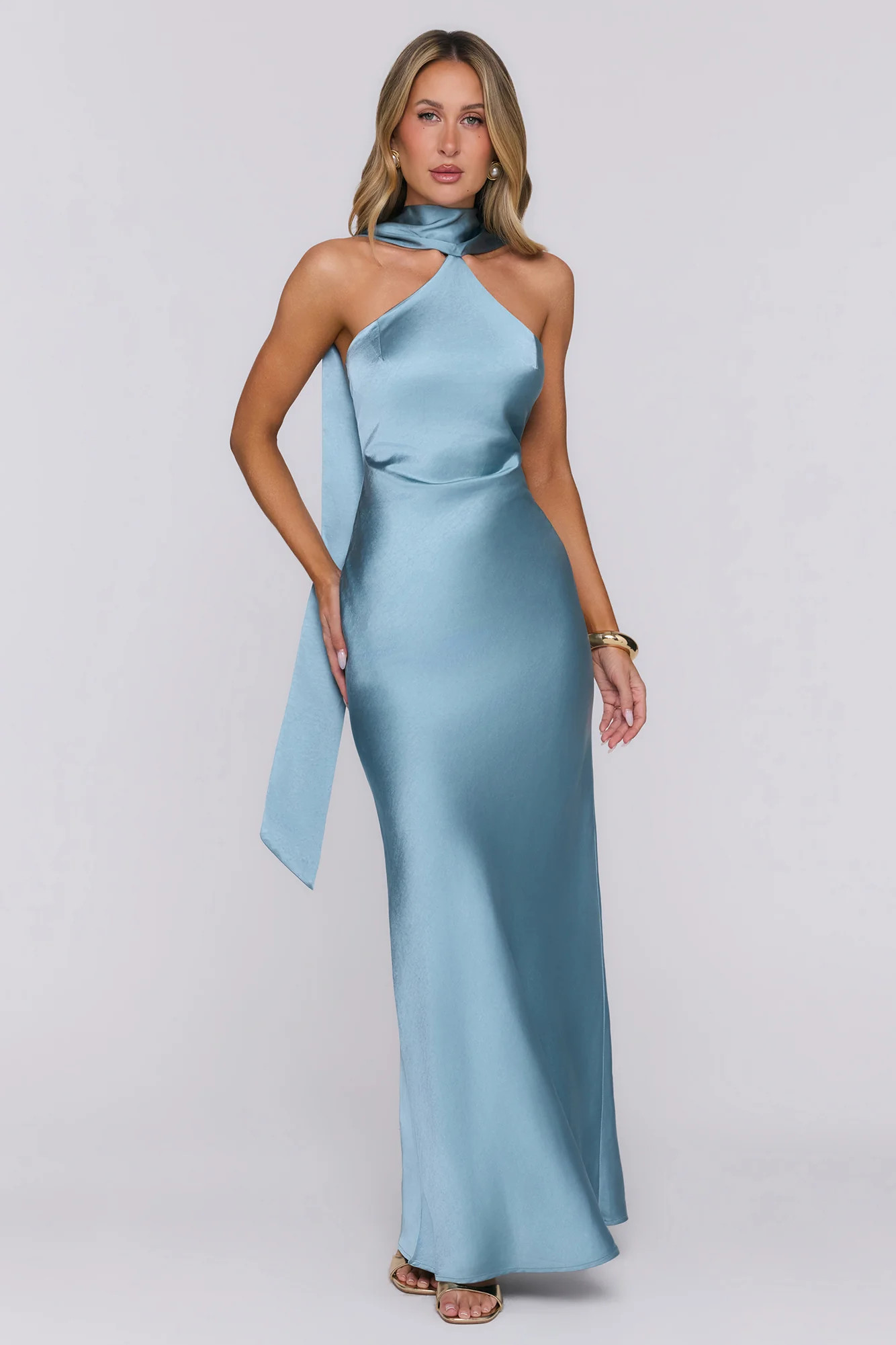 Angelic Love Halter Satin Maxi Dress Steel Blue | Hello Molly (US)