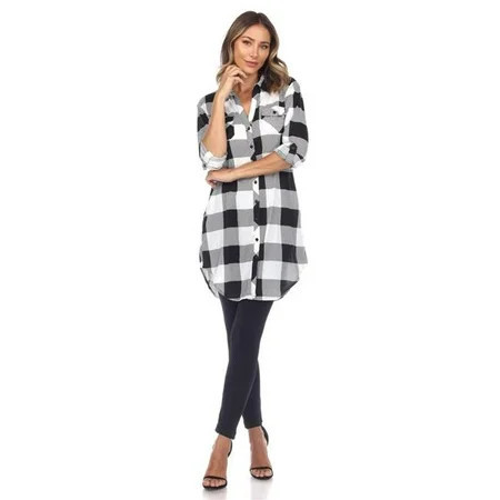 17558-01-M Women Plaid Tunic Long Sleeve Shirt Black & White - Medium | Walmart (US)
