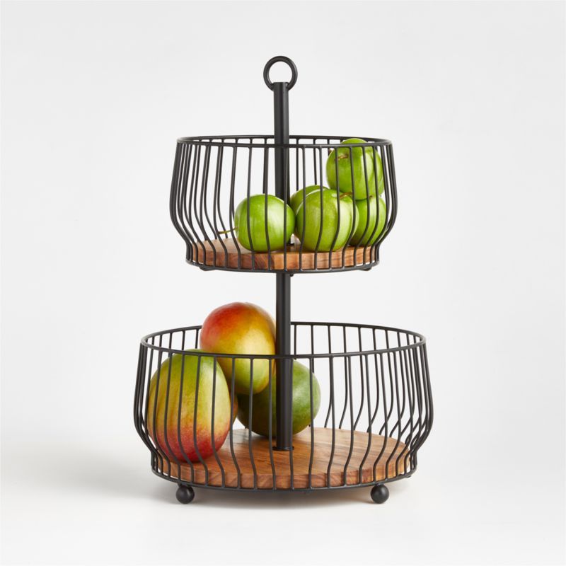 Cora Acacia Wood Black 2-Tier Fruit Basket + Reviews | Crate & Barrel | Crate & Barrel