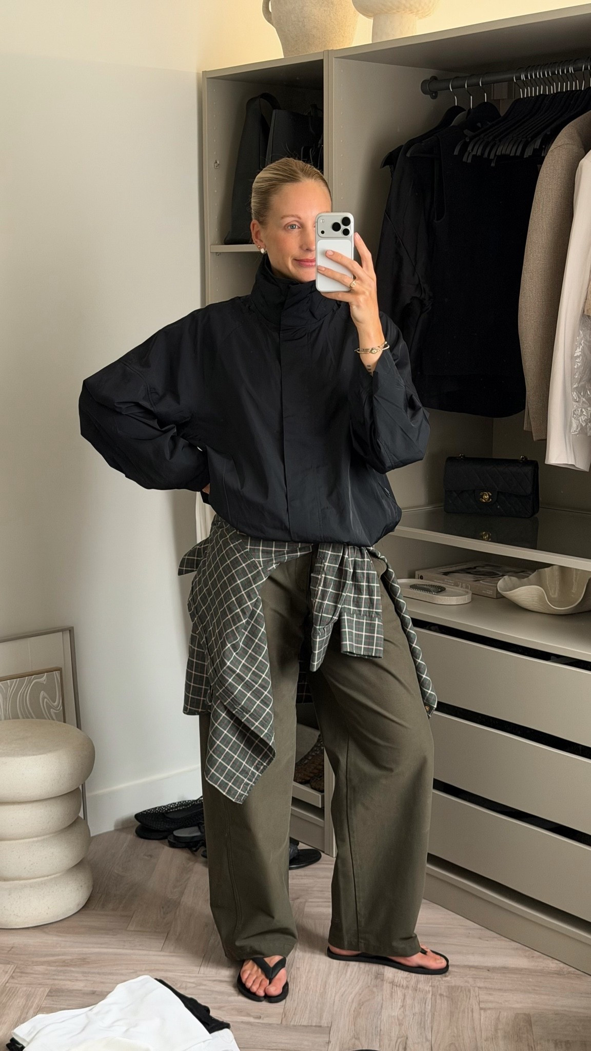 Uk casual Summer outfit when it’s raining 

Uniqlo barrel leg trousers 
Arket windbreaker nylon jacket 
Split toe tabs flip flops

#LTKsummer #LTKuk #LTKshoes