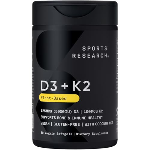 Sports Research® Vitamin D3 + K2 w/ Coconut Oil - Vegan Vitamin D 5000iu & Mk7 Vitamin K 100mcg for Bone & Immune Support - Vegan Certified · Non-GMO · Soy Free - 60 Softgels | Amazon (US)
