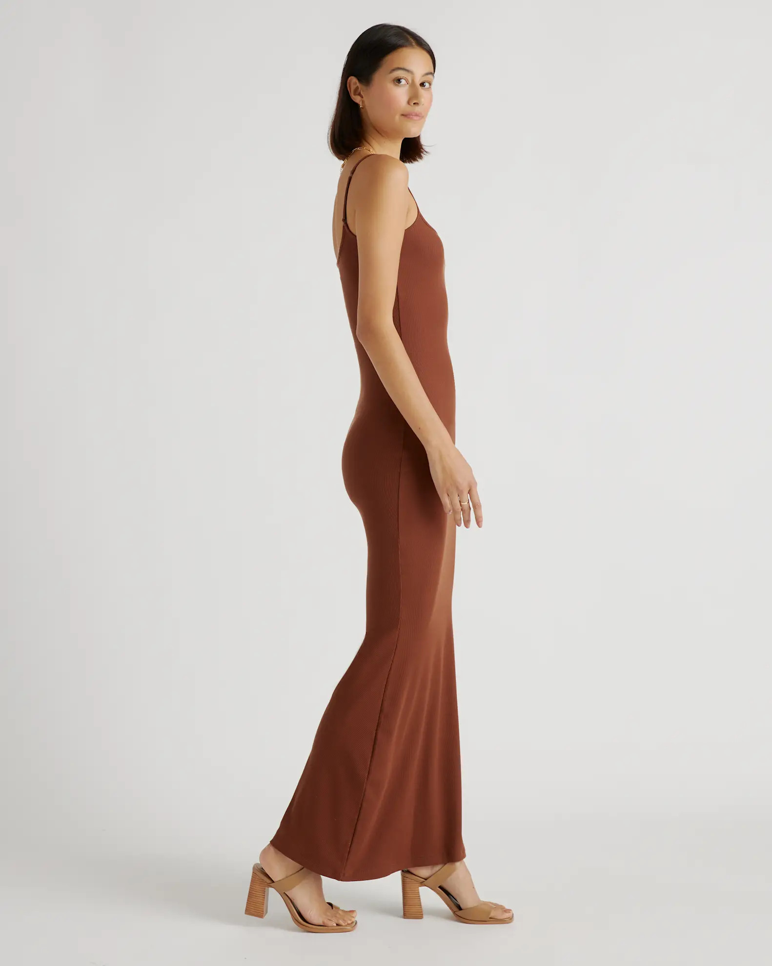 Tencel Rib Knit Maxi Slip Dress in Brown | Quince