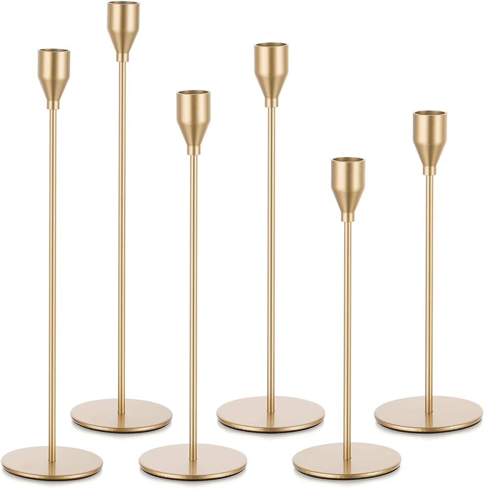 Portavelas cónicos dorados: juego de 6 candelabros altos para centro de mesa, candelabros de met... | Amazon (US)