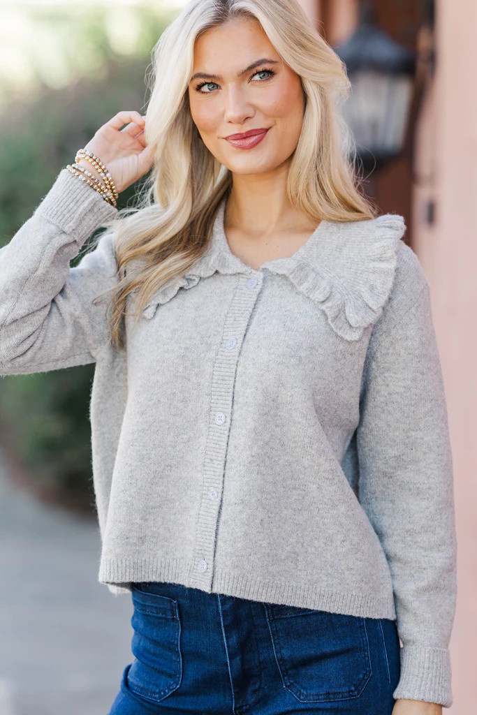 With You My Darling Gray Ruffle Collar Cardigan | The Mint Julep Boutique
